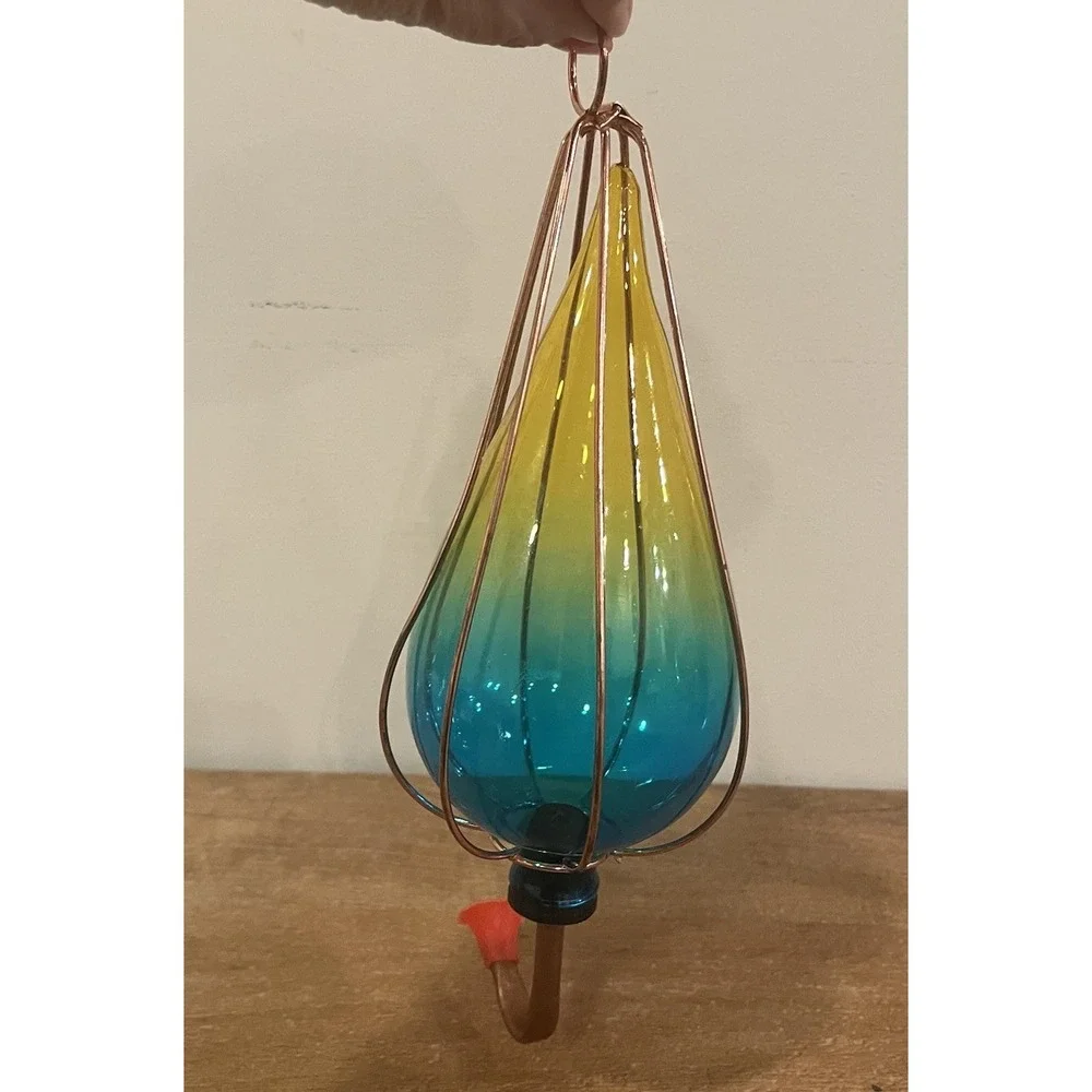 Ombre Art Glass Hummingbird Feeder Teal Yellow Copper Hanging Garden Decor